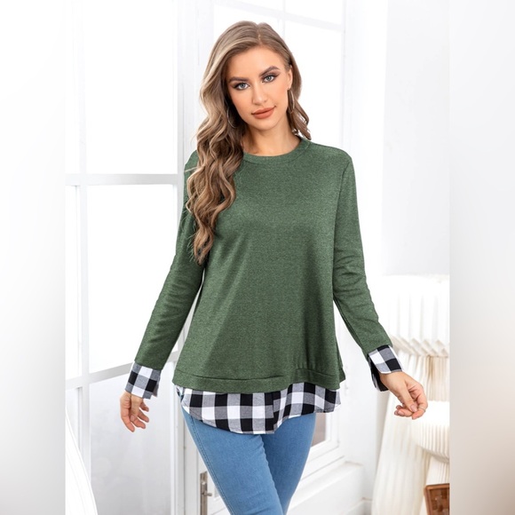 Plaid Round Neck Long Sleeve Tee Forest - Picture 2 of 4